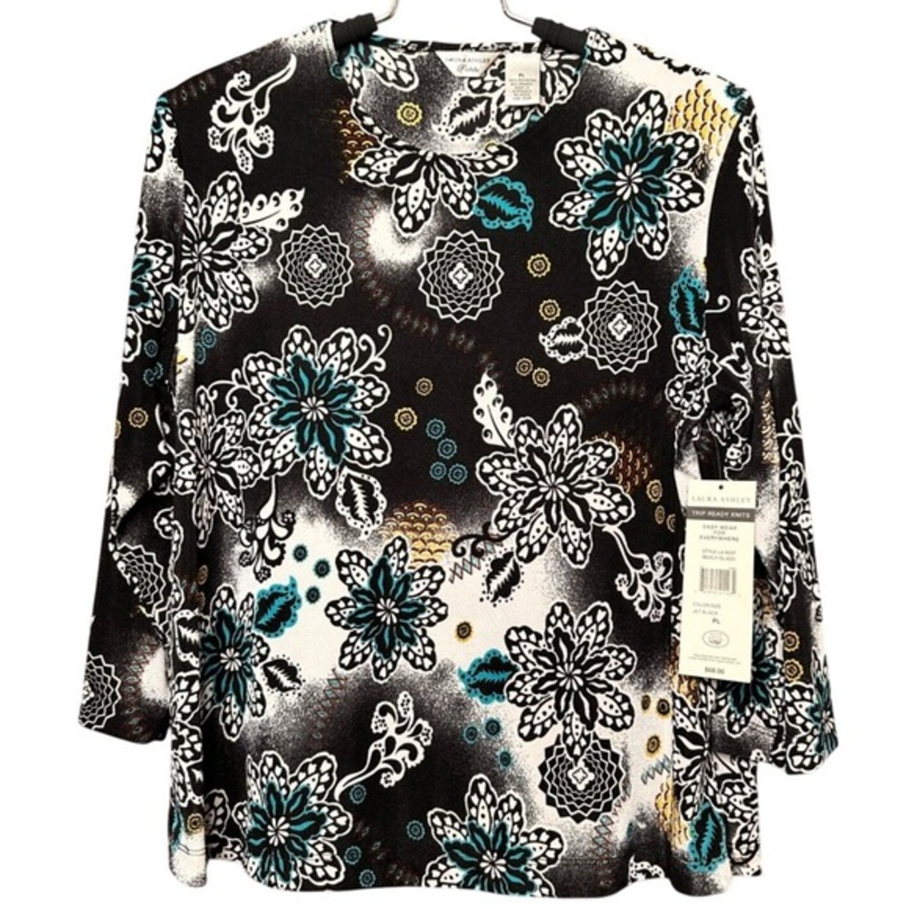 Laura Ashley Petite PL Black Floral Mandala Trip Ready Knit Top‎ LA805P NWT